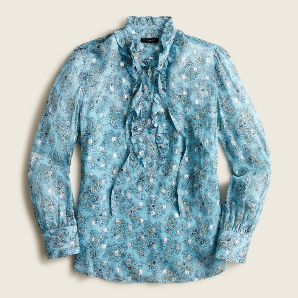 J. CREW Metallic Chiffon Ruffleneck Top in Paisley Bunch Blue {YY10}